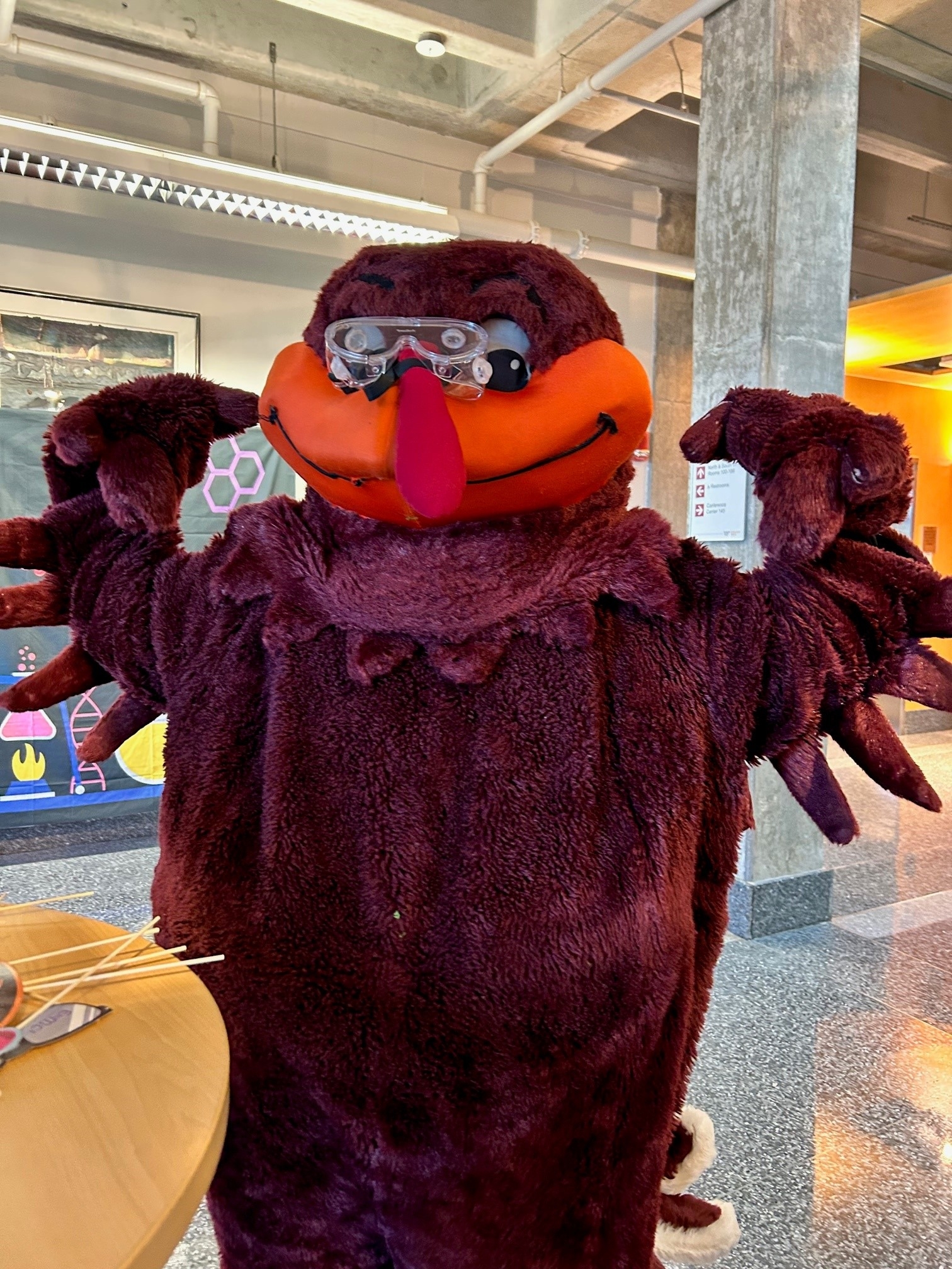 Photo of HokieBird wearing lab goggles